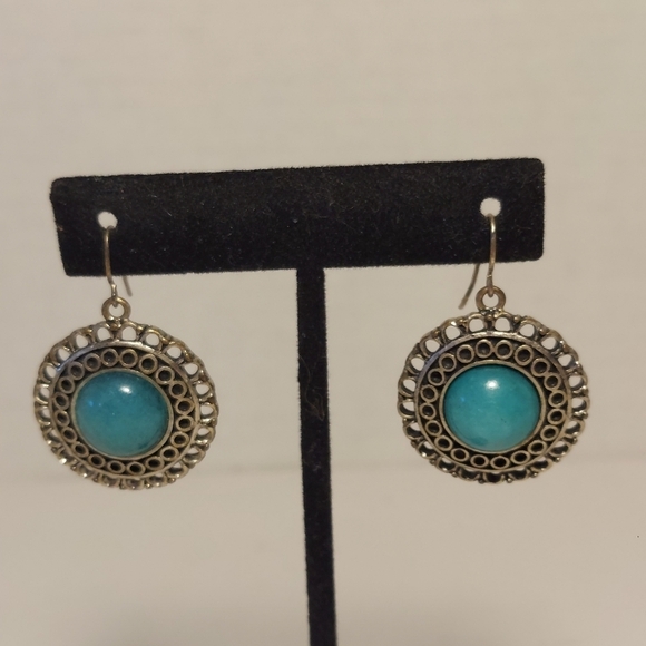 Ornate Silver Tone Costume Earrings w Faux Turquoise Approx 1" Diameter Boho - Picture 1 of 9